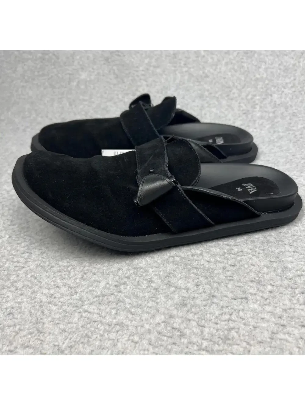 Zara Womens Suede Leather Slip On Clogs Buckled 38 Eur/ 7 US Black Minimalist